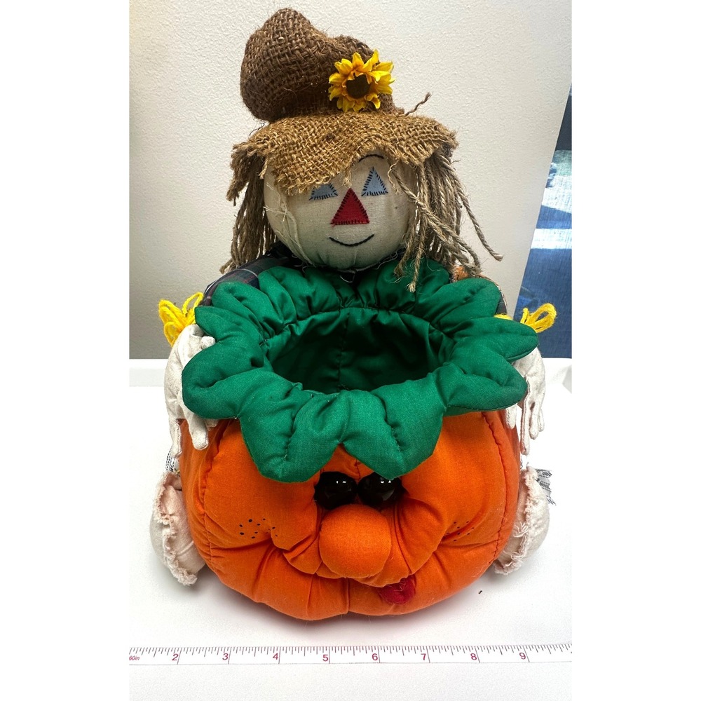 Vintage 1994 Joelson Industries Plush Scarecrow Pumpkin Basket Fall Decor 12in